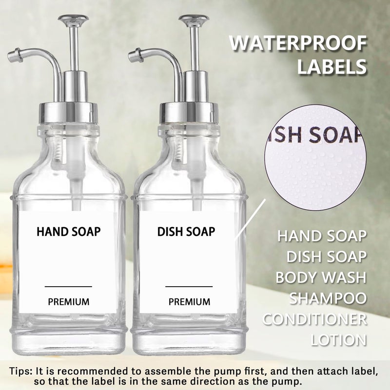 Hoousuper Dish Soap Dispenser for Kitchen, Hand Glass Soap Dispenser Set with Pump, Funnel for Bathroom, Shower, Laundry, Liquid, Lotion (Silver 2 Pack 18 Oz Clear Bottles with 12 Stickers) - Image 4